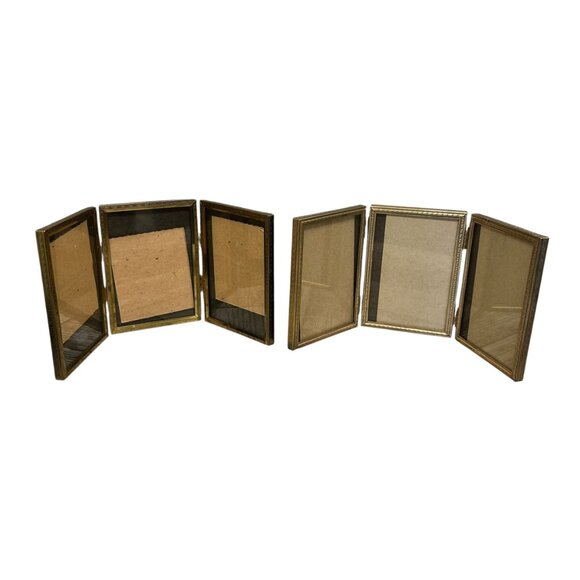 Tri Fold MCM Picture Frame Gold Tone 3 x 4 1/2 inch Size - Picture 1 of 4